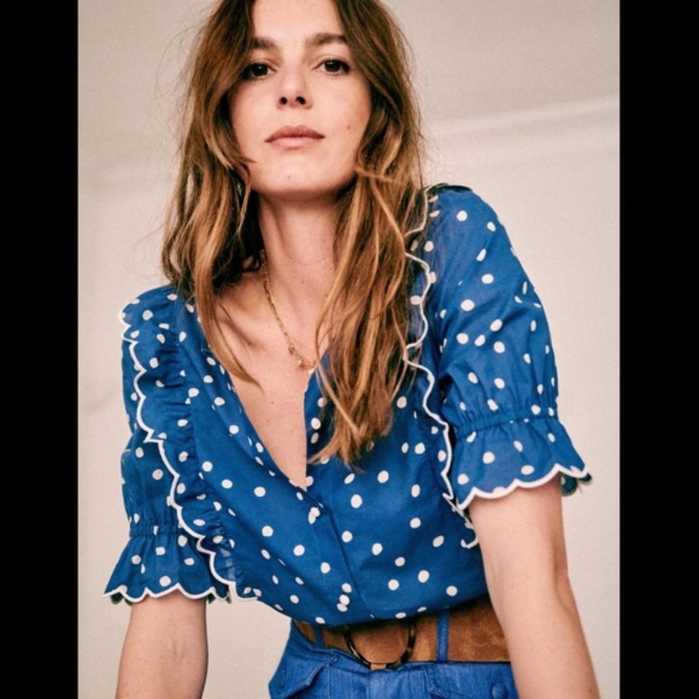 Sezane Paolina blue and white Polka Dot ruffle Shirt